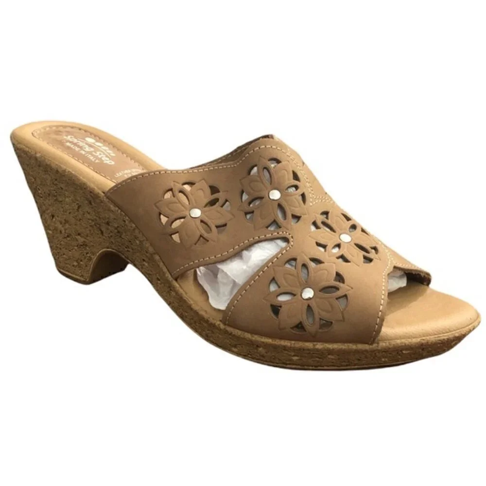 SPRING STEP Sandals Women's Size 9.5/10 Tan Neutral Leather Boho Shoe Heel